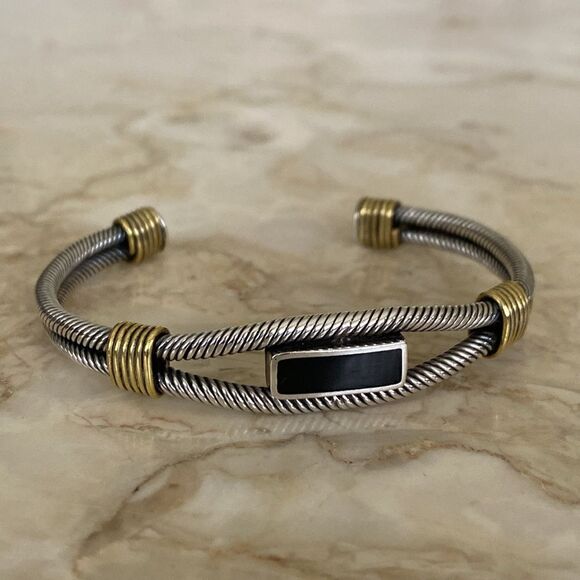 925 Sterling Silver, Brass & Black Enamel Unisex Cuff Bracelet 29g - Picture 1 of 10